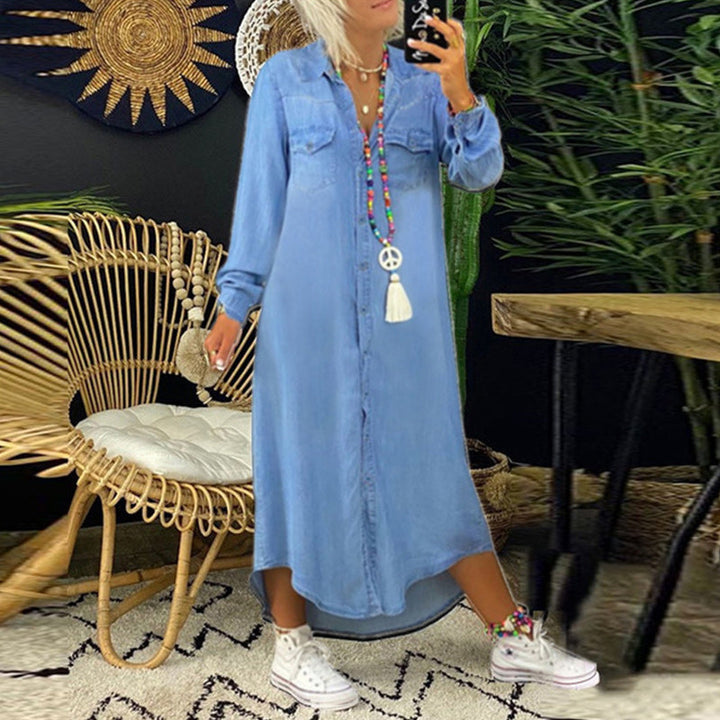 Jeanina™ Abito Maxi in Denim a Maniche Lunghe