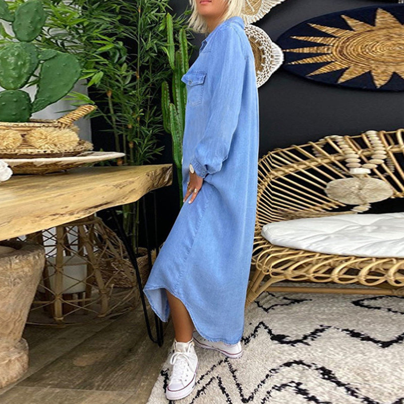 Jeanina™ Abito Maxi in Denim a Maniche Lunghe
