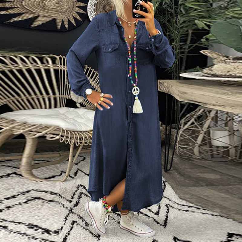 Jeanina™ Abito Maxi in Denim a Maniche Lunghe