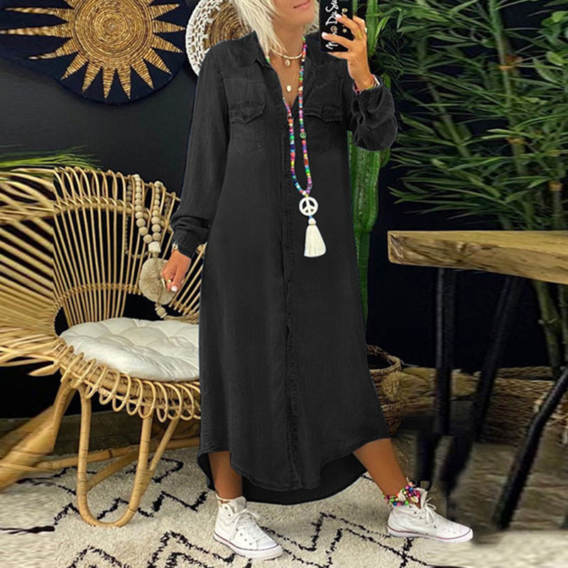 Jeanina™ Abito Maxi in Denim a Maniche Lunghe