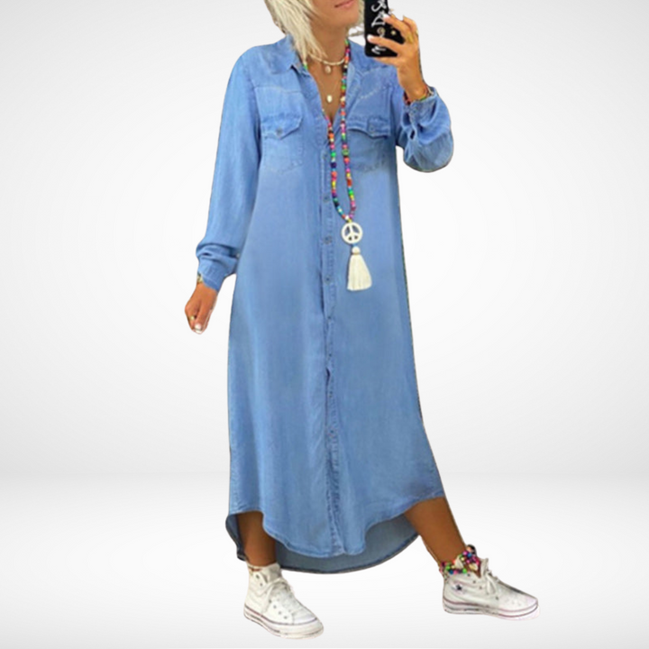 Jeanina™ Abito Maxi in Denim a Maniche Lunghe
