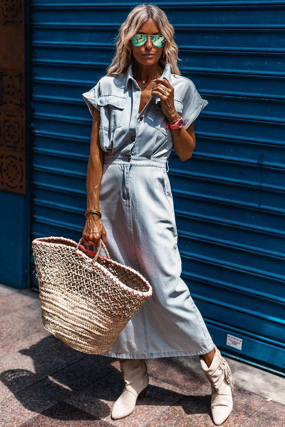 Jeanina® | Abito in Denim Chic con Maniche Corte a Batwing